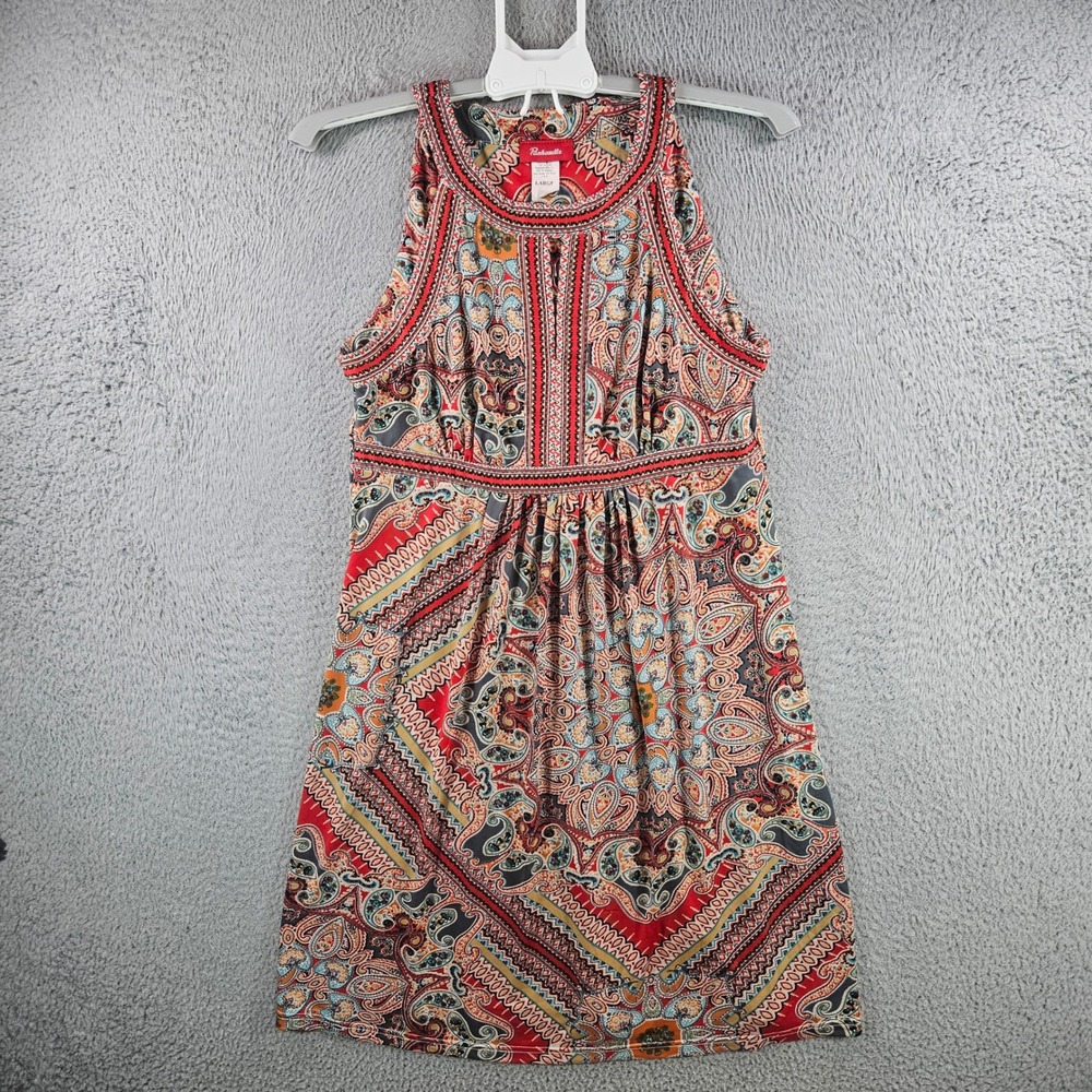 Panhandle Women Red Paisley Geometric Sleeveless Halter Empire Waist Dress Large